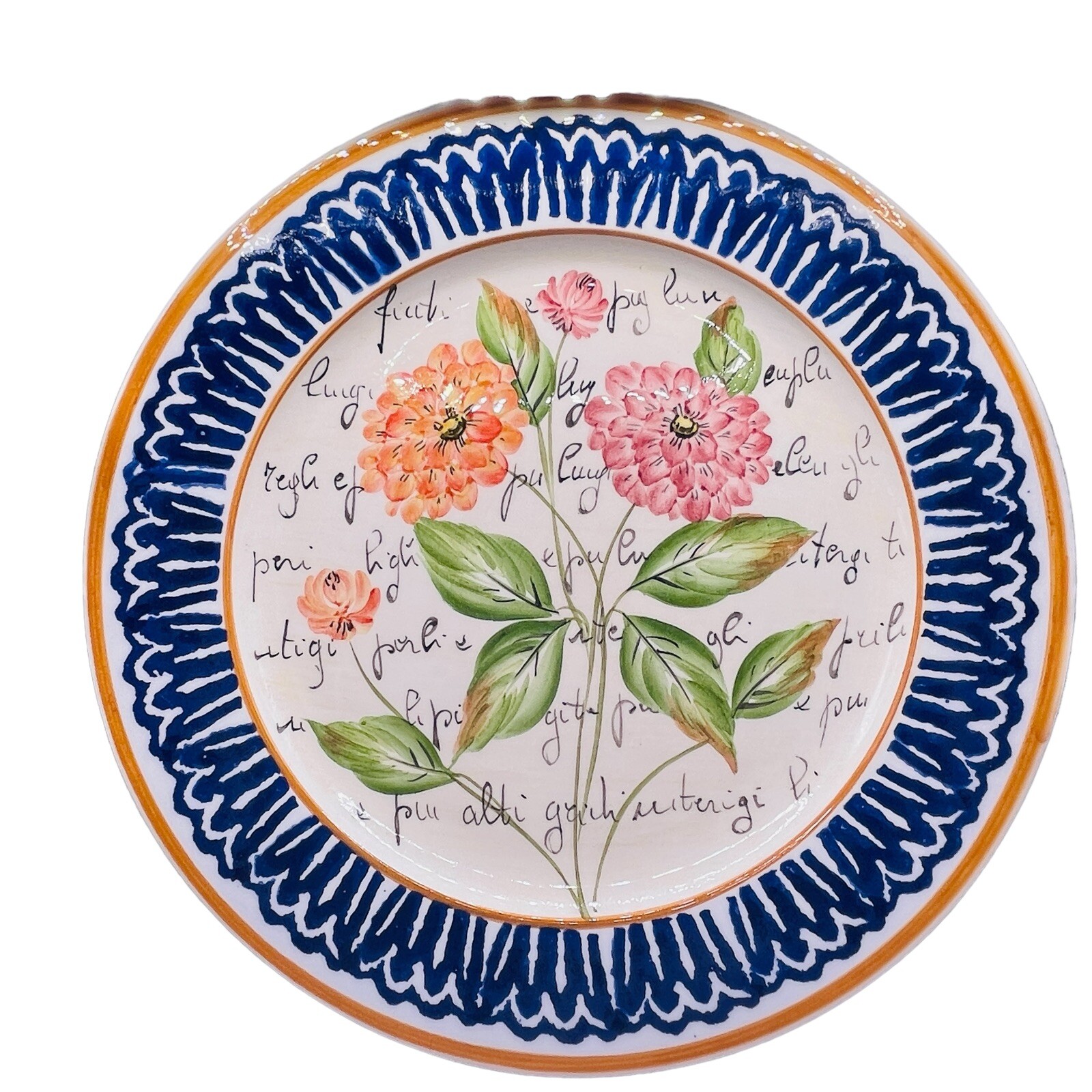 Vintage VEITRI ITALY 4 Wall Plates 9.5in Flowers & Script Blue Trim Handpainted