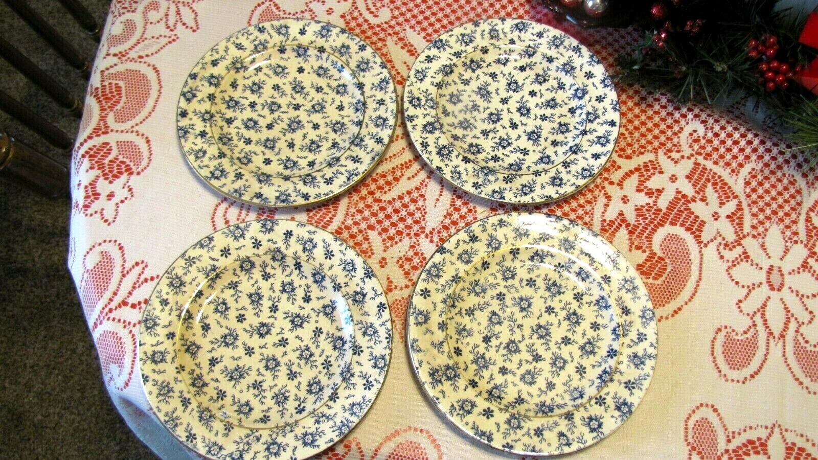 4 Antique Flo Blue Pompadore Wedgwood 7 3/4″ Salad Plate Rose Chinz Transferware