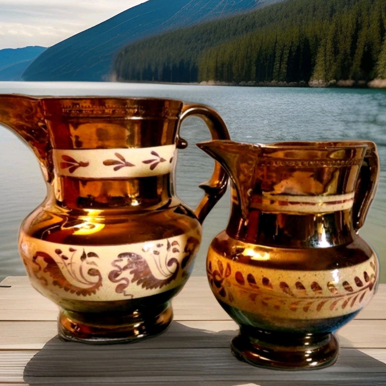 2 English Copper Lusterware Pitchers Staffordshire Pottery 1850-1899 England