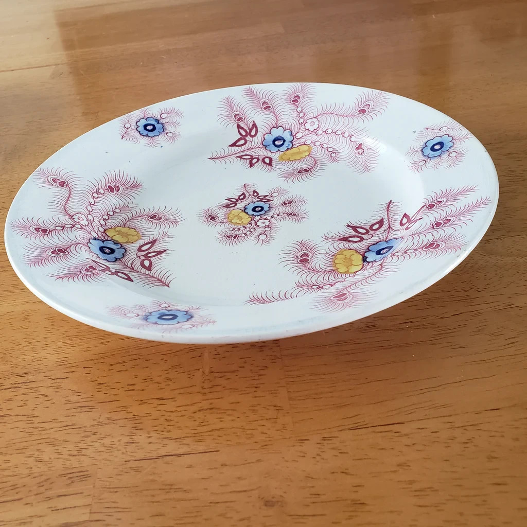 Antique Pink Feather Transferware Polychrome Plates 9” Set of 2 Wood & Challinor