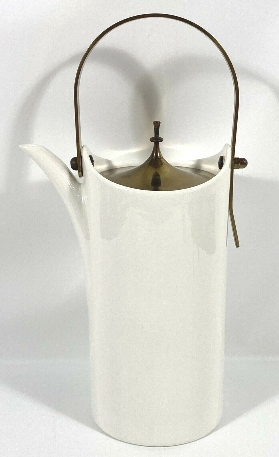 Vtg Danish Style Pottery Coffee Pot White w/ Metal Lid & Handle Carafe 9″ RARE
