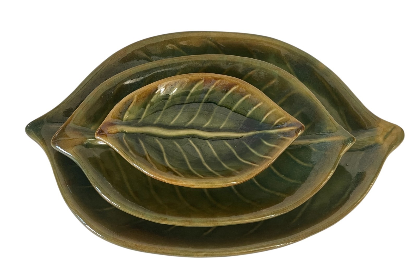 Pier 1 Stoneware Nesting Green Leaf Plate Set of 3 Vintage Serving Dishes Tiki