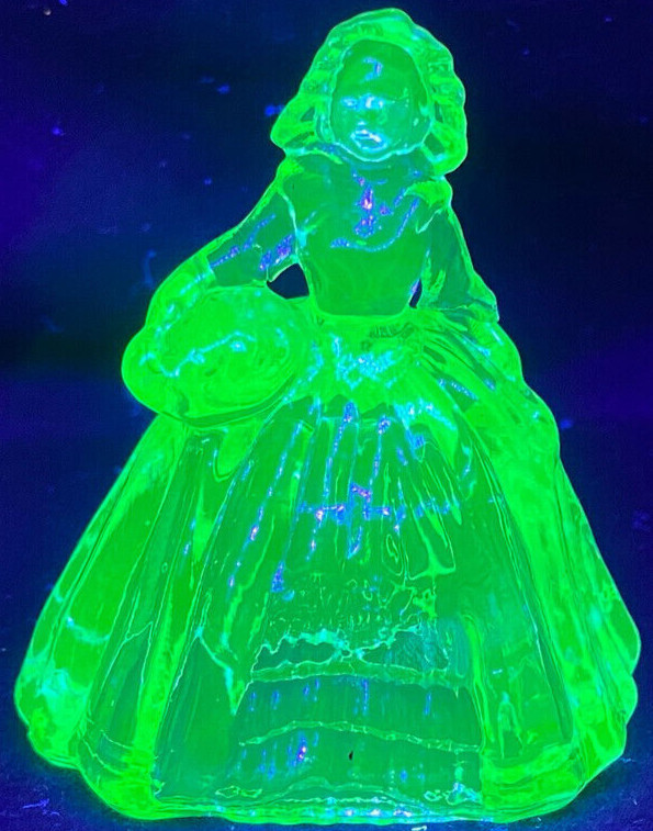 Green Vaseline uranium glass girl doll candy container woman Elizabeth Blue glow