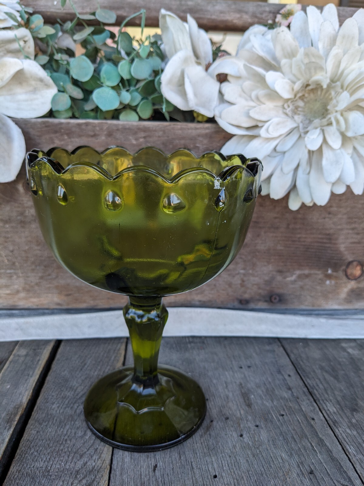 Vintage Indiana Glass Olive Green Teardrop 7.25″ Pedestal Compote