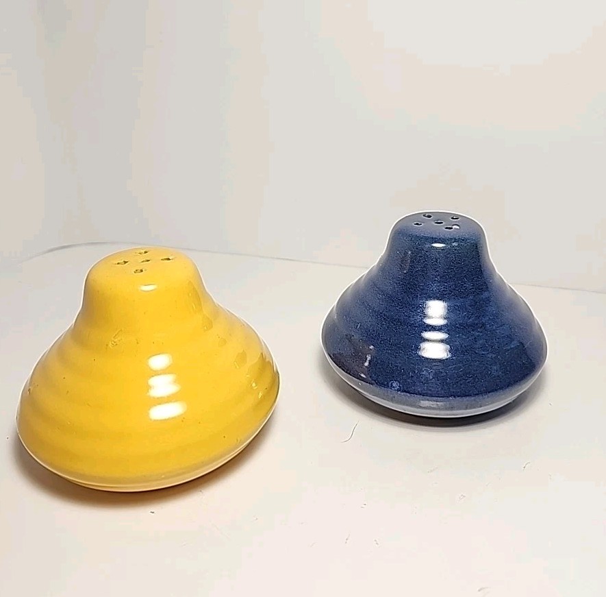 Vintage Cobalt Blue & Yellow Bauer salt and pepper shaker Set Beehive Ribbed