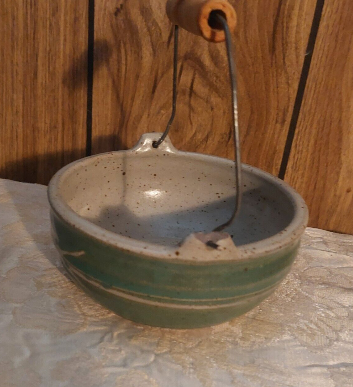 Stoneware Bail handle bowl signed small, miniature, green, tan and grey