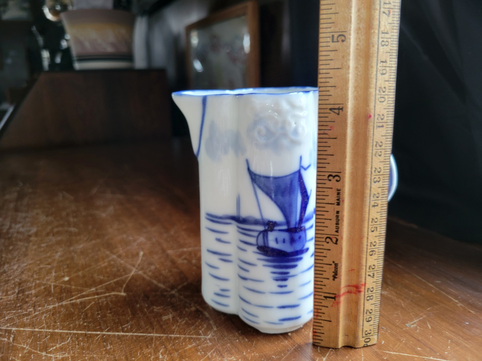 VTG 4-1/4″ Delft Style Blue & White Eggshell Porcelain Lobed Creamer Pitcher