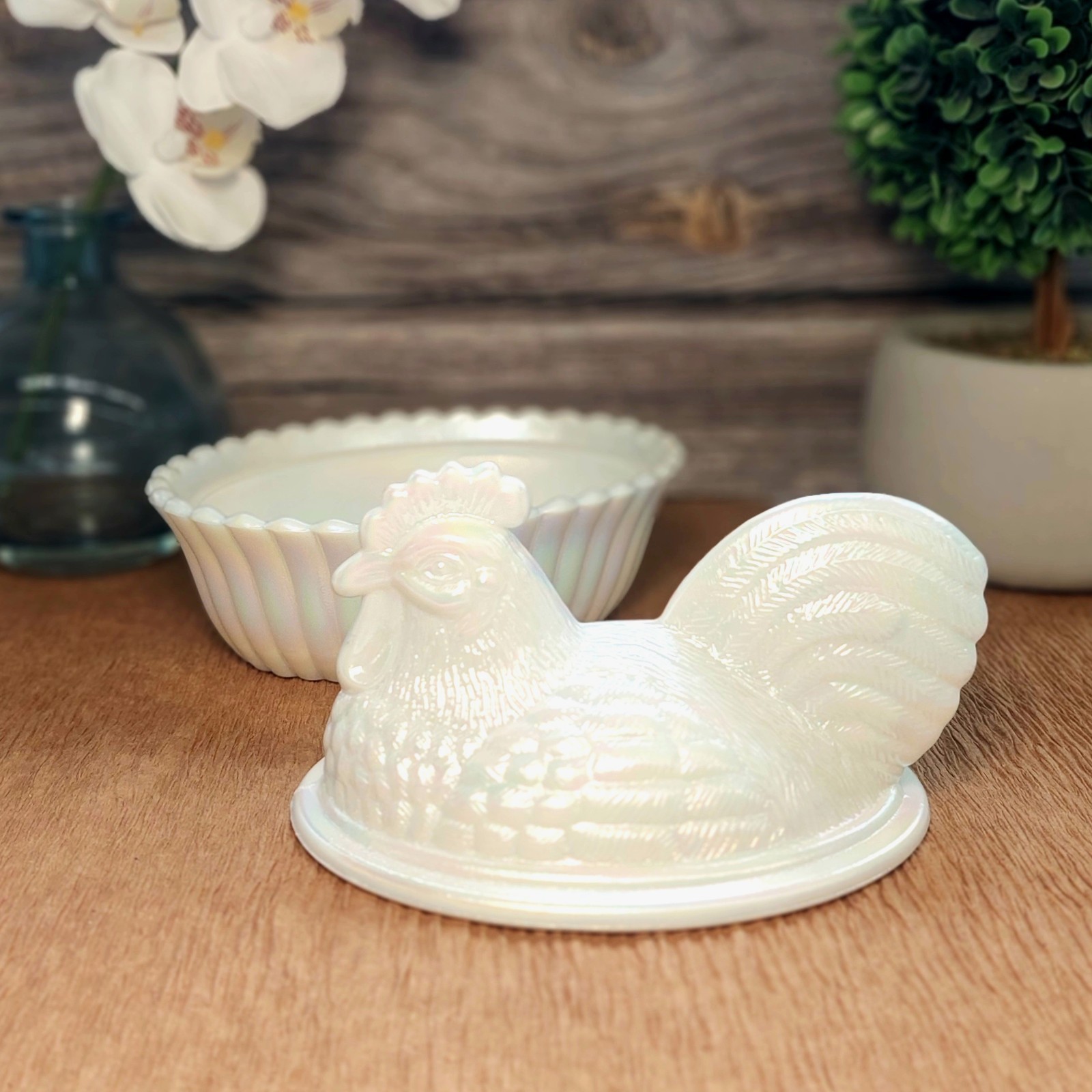 Pearl Carnival Glass Rooster Hen on Nest Chicken Candy Dish, Depression Style