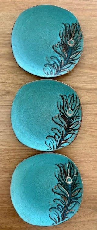 Pier 1 Imports Peacock Feather Stoneware 11” Dinner Plates Turquoise Set of 3