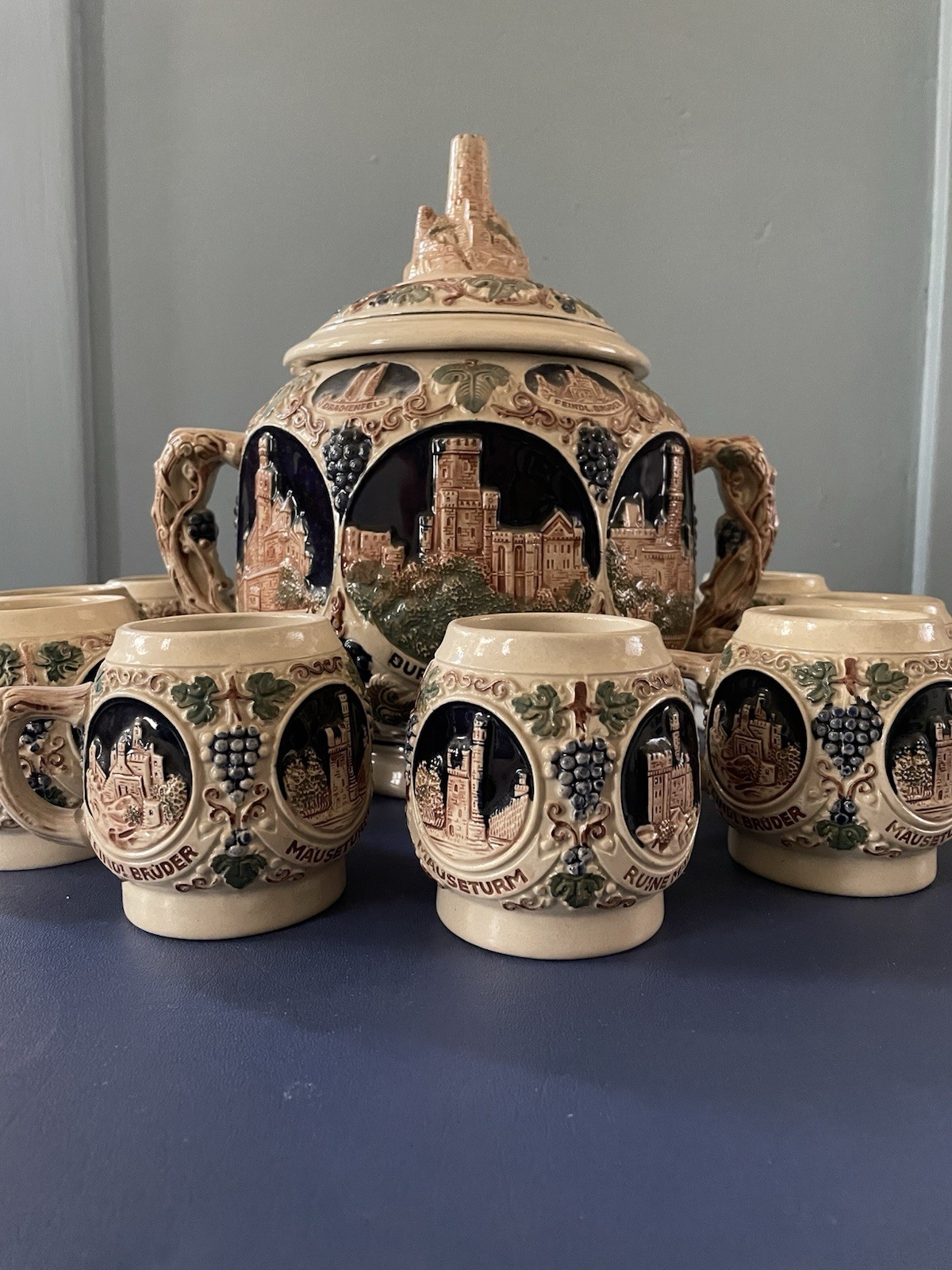 Vintage Stoneware GERZ German Ceramic Tureen Punch Bowl 9 Cups Set Castles