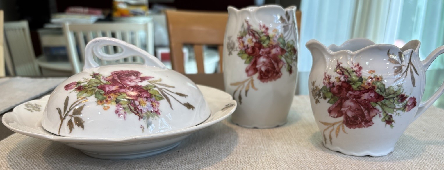 RS Prussia Hand Painted Porcelain Creamer, Butter Dish + Lid & Bud Vase Floral