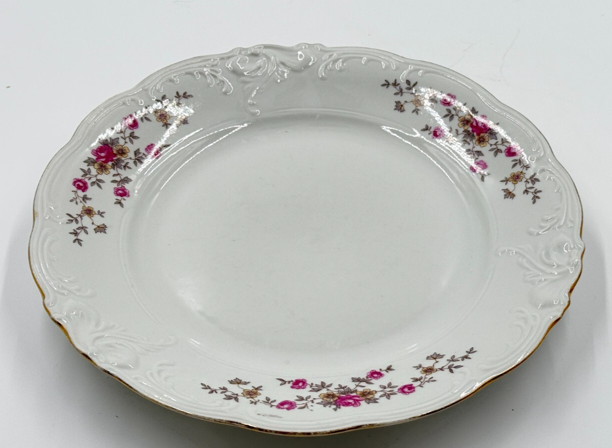 Walbrzych Bone China Rose Bud Gold Rim Dinner Plate 10.25″ – Poland