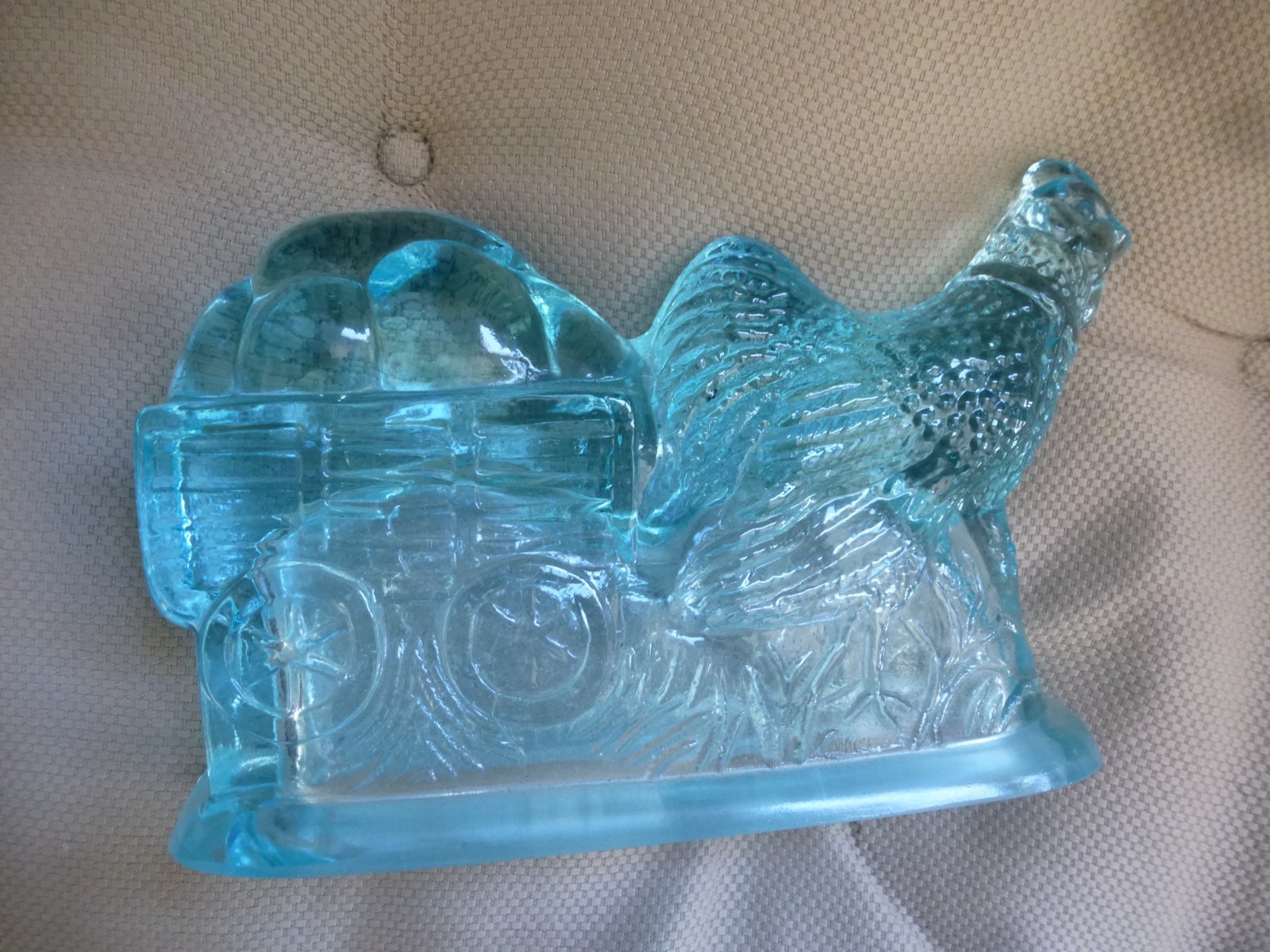 Hen Chicken pulling wagon Aquamarine Blue Glass Candy Dish Top Easter Spring