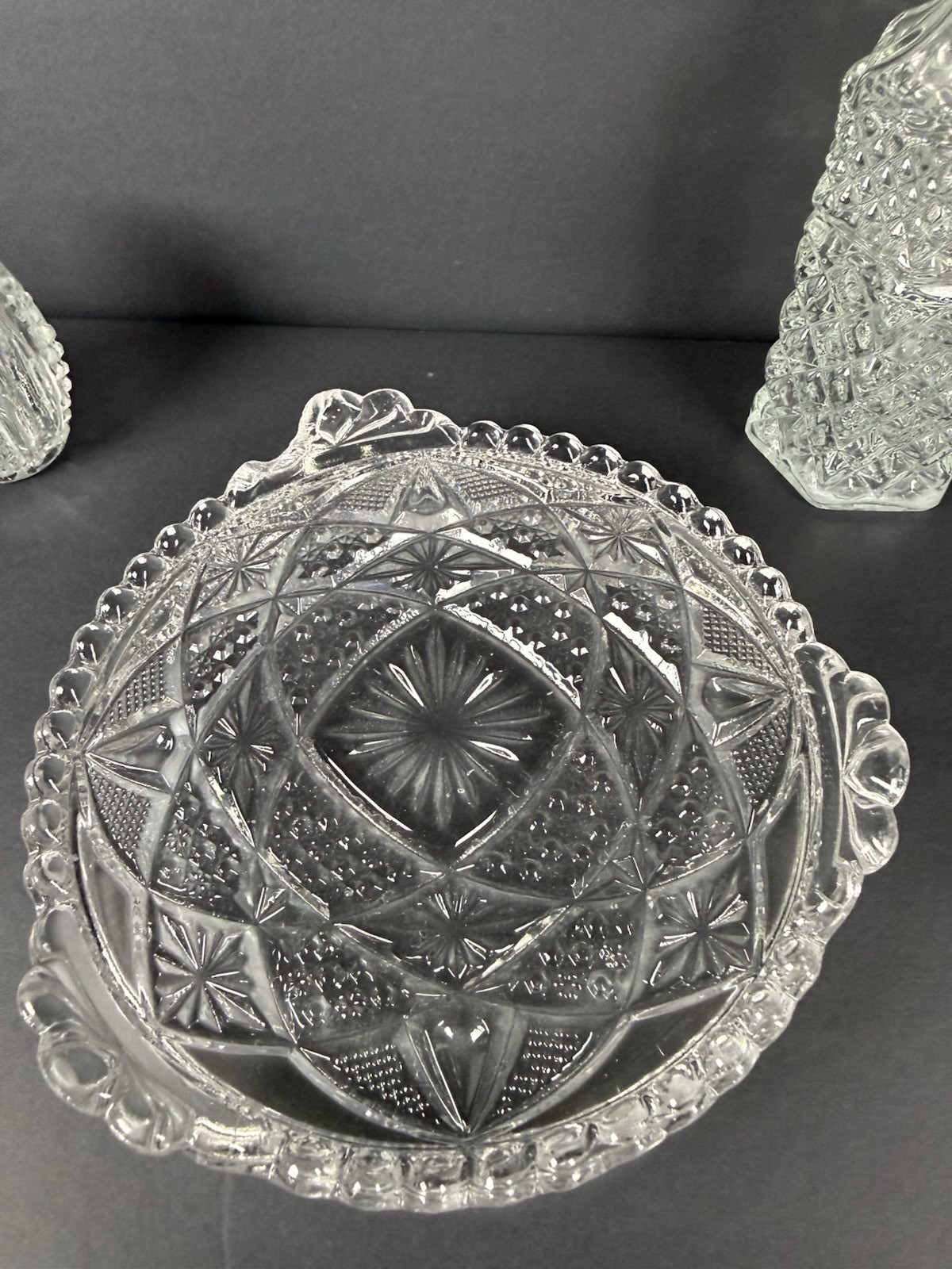 Vintage Pressed Glass Cruet, Decanter, Salt & Pepper & Relish Tray Lot of 5