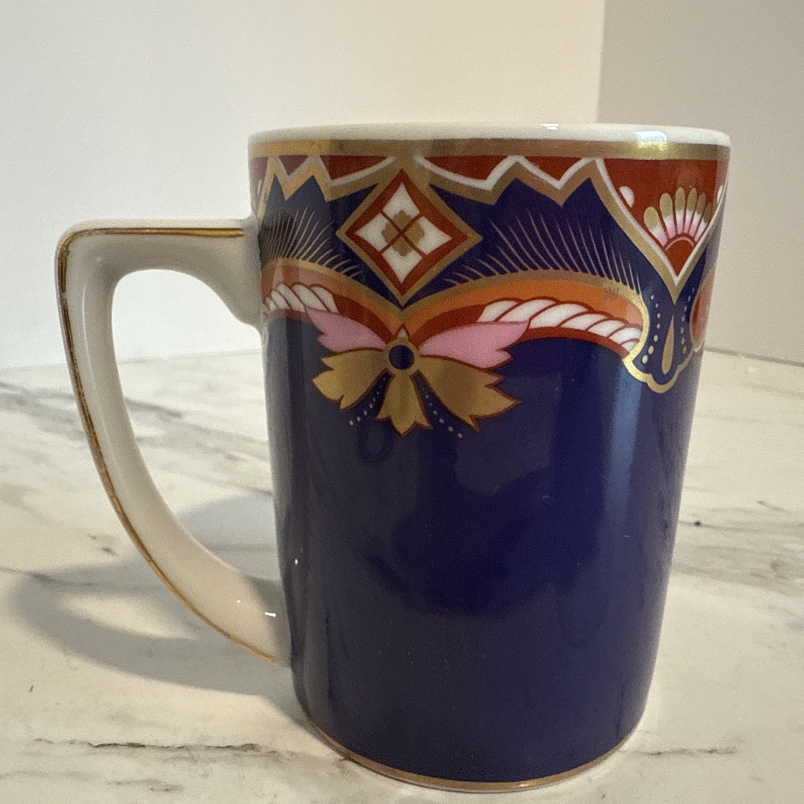 Neiman Marcus Coffee Cup Exclusive Porcelain Blue Rust Pink & Gold Trim Tea Mug