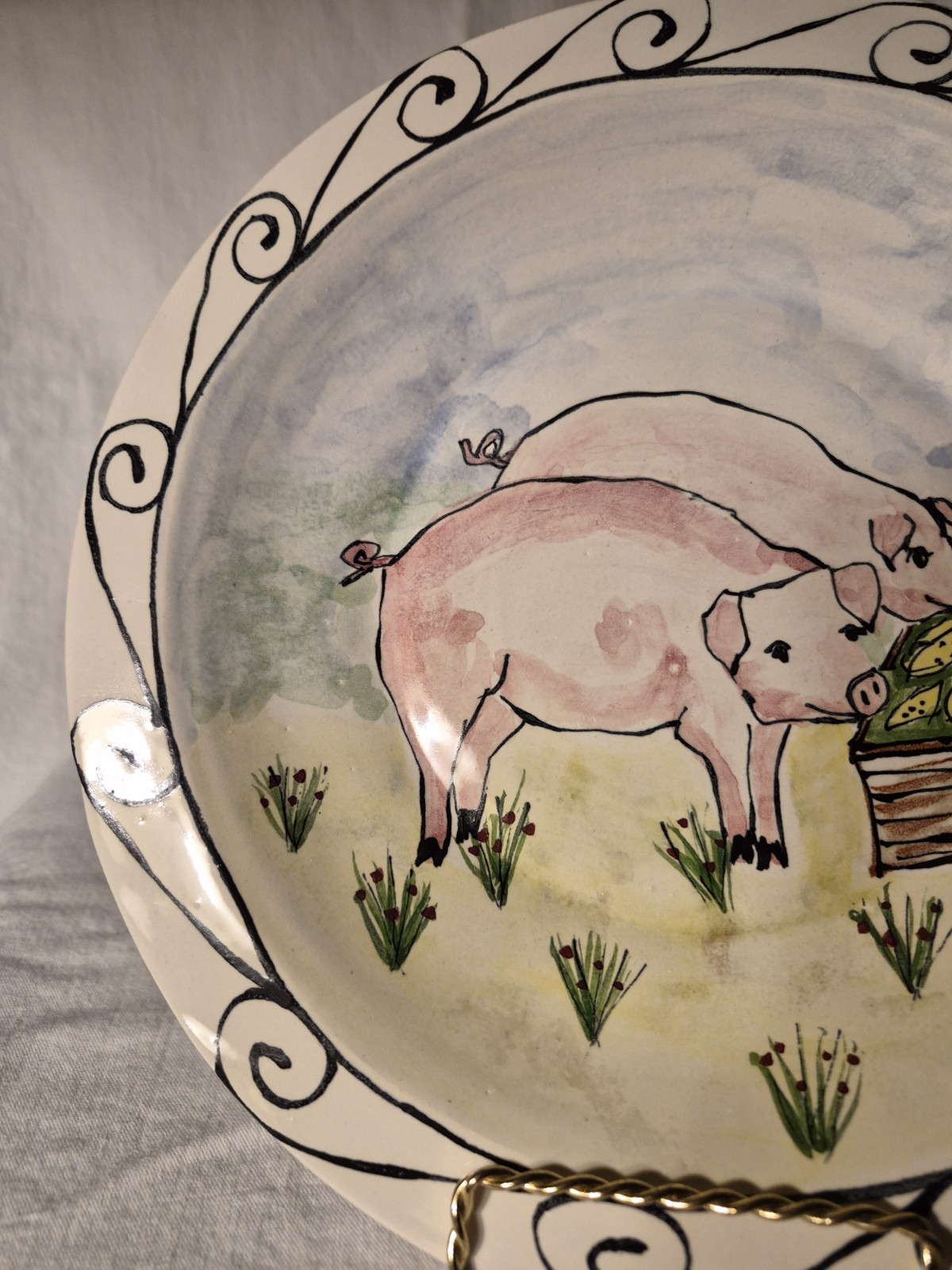 1997 Steve Hasslock 12″ Handpainted PIGS Pottery Signed Plate Farm Cottage