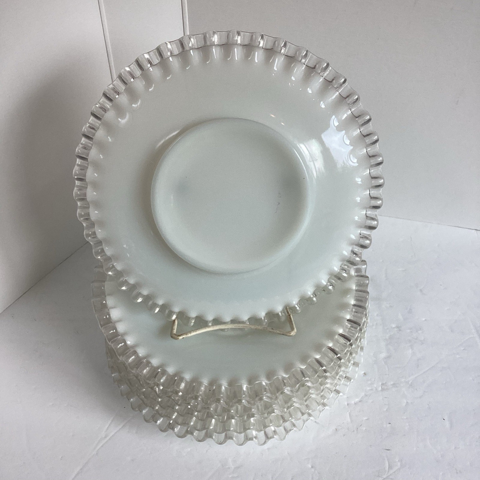 7 Fenton Milk Glass Silver Crest Ruffled Edge Dessert Salad Plates 8 3/4 “