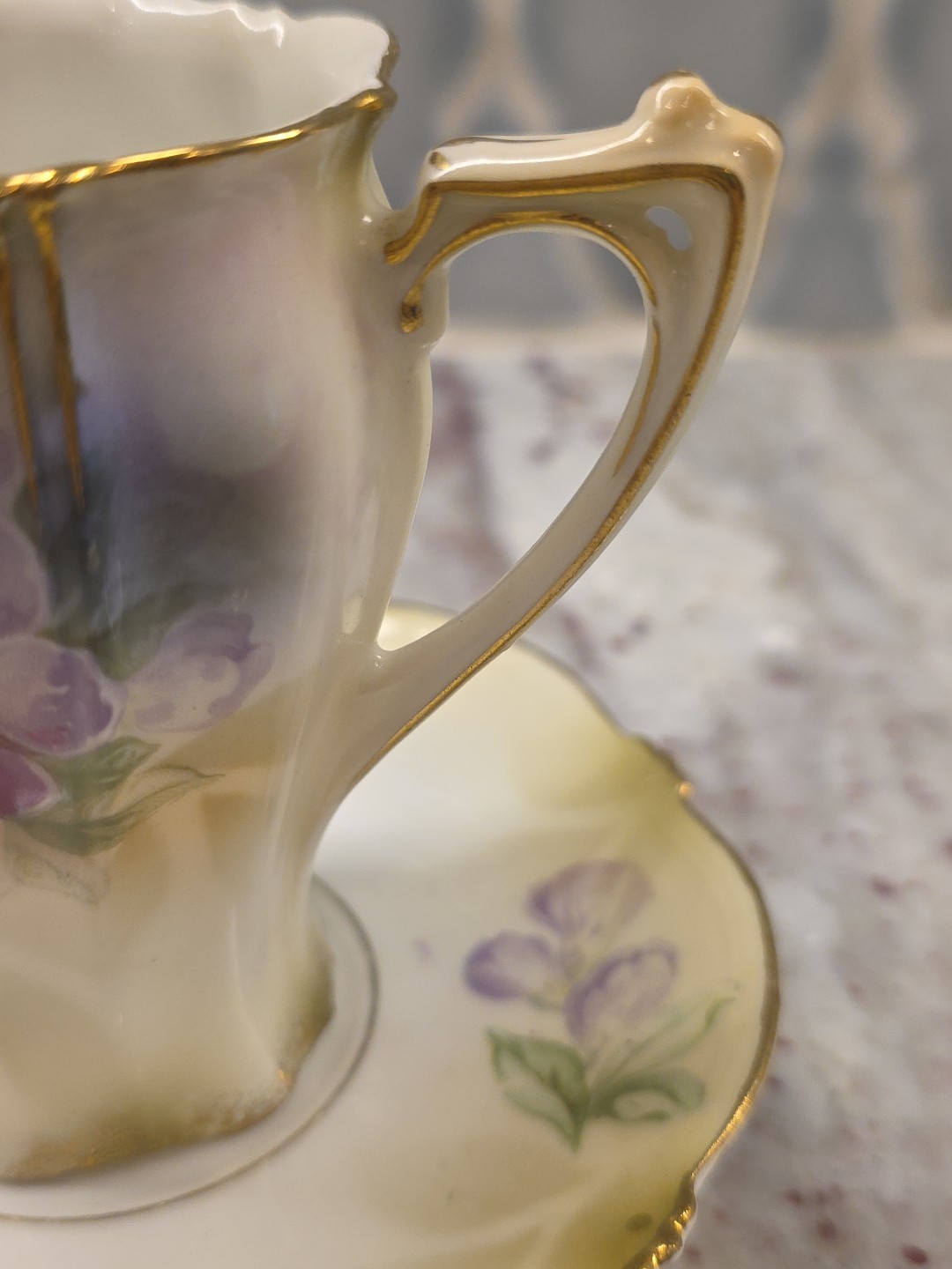 RS Prussia Cup and Saucer w/ Flowers Antique 1888-1910 w/ Red Star Green Wreath