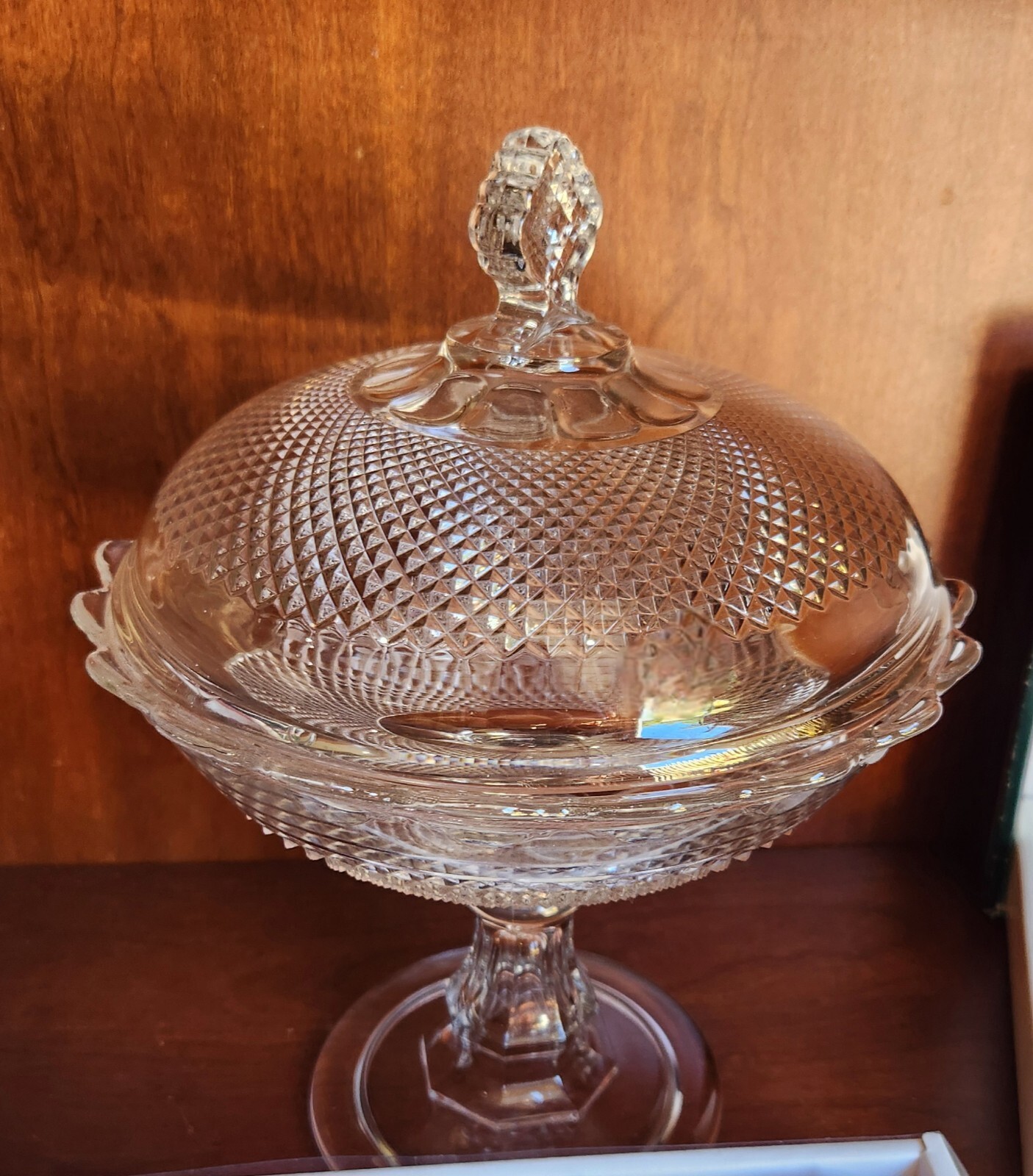 1870s Central Glass Co #439 Diamond Point Footed Glass Compote Comport With Lid