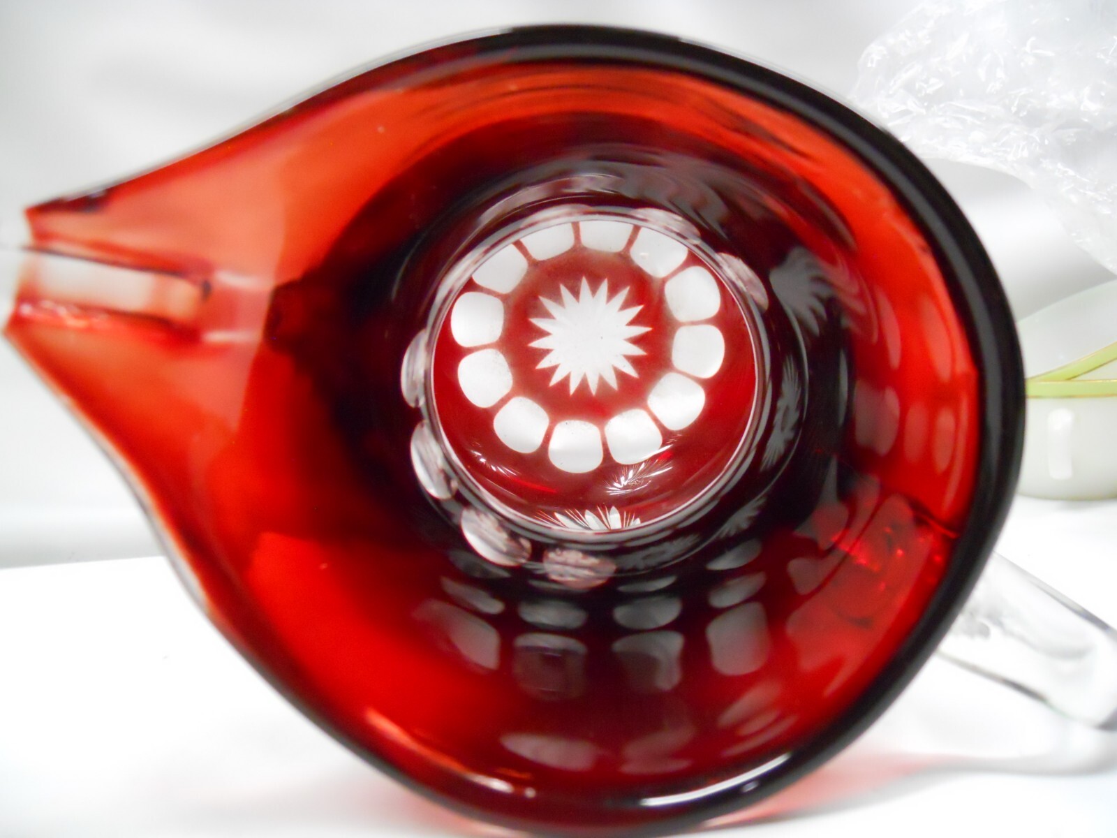 Clear Pitcher Boho Dark Ruby Red Czech Deep Glass 9″ tall clear glass handle