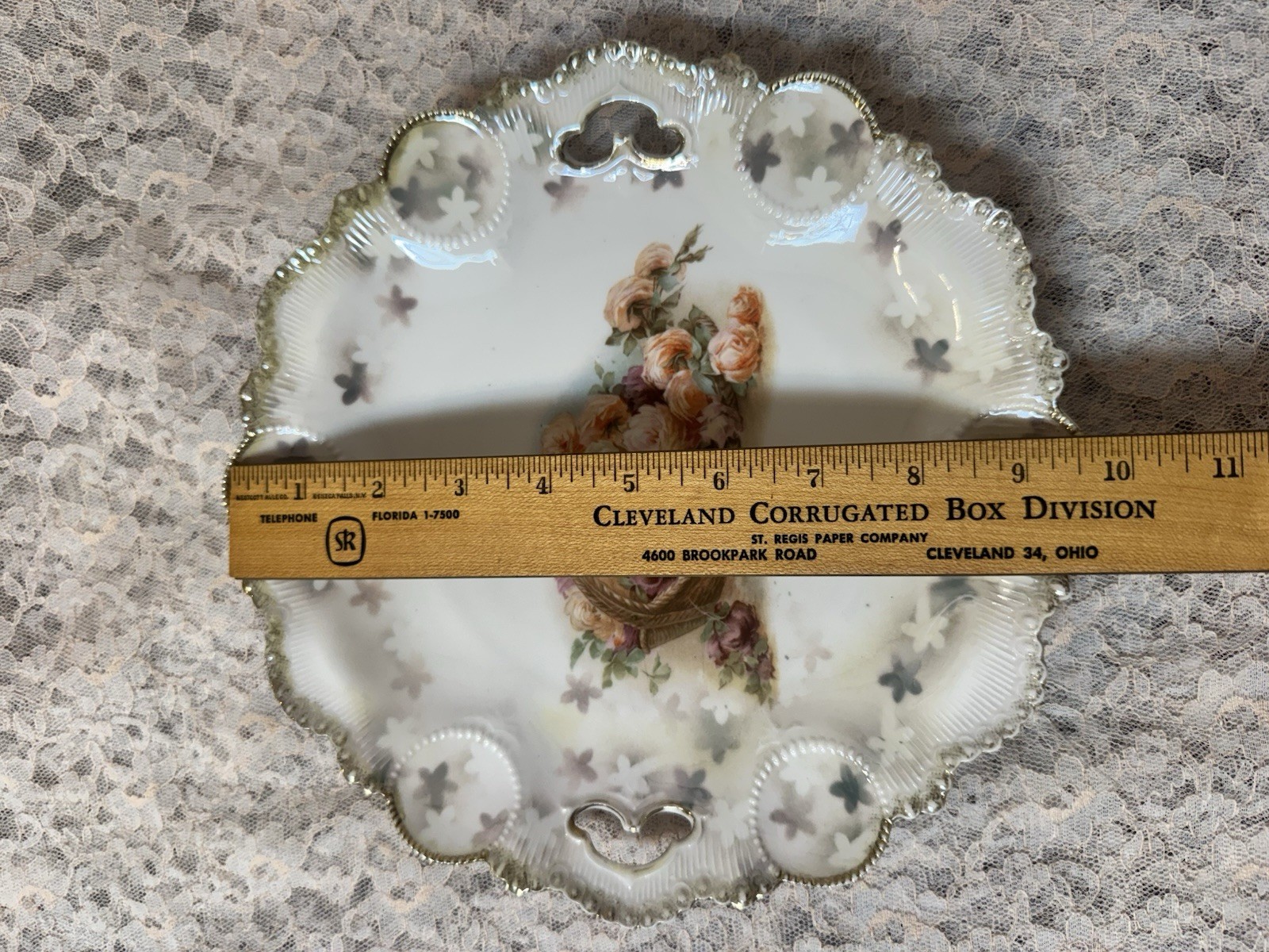Antique RS Prussia Handled Cake Plate Basket of Roses Gold Gilt 9.5″ Red Mark