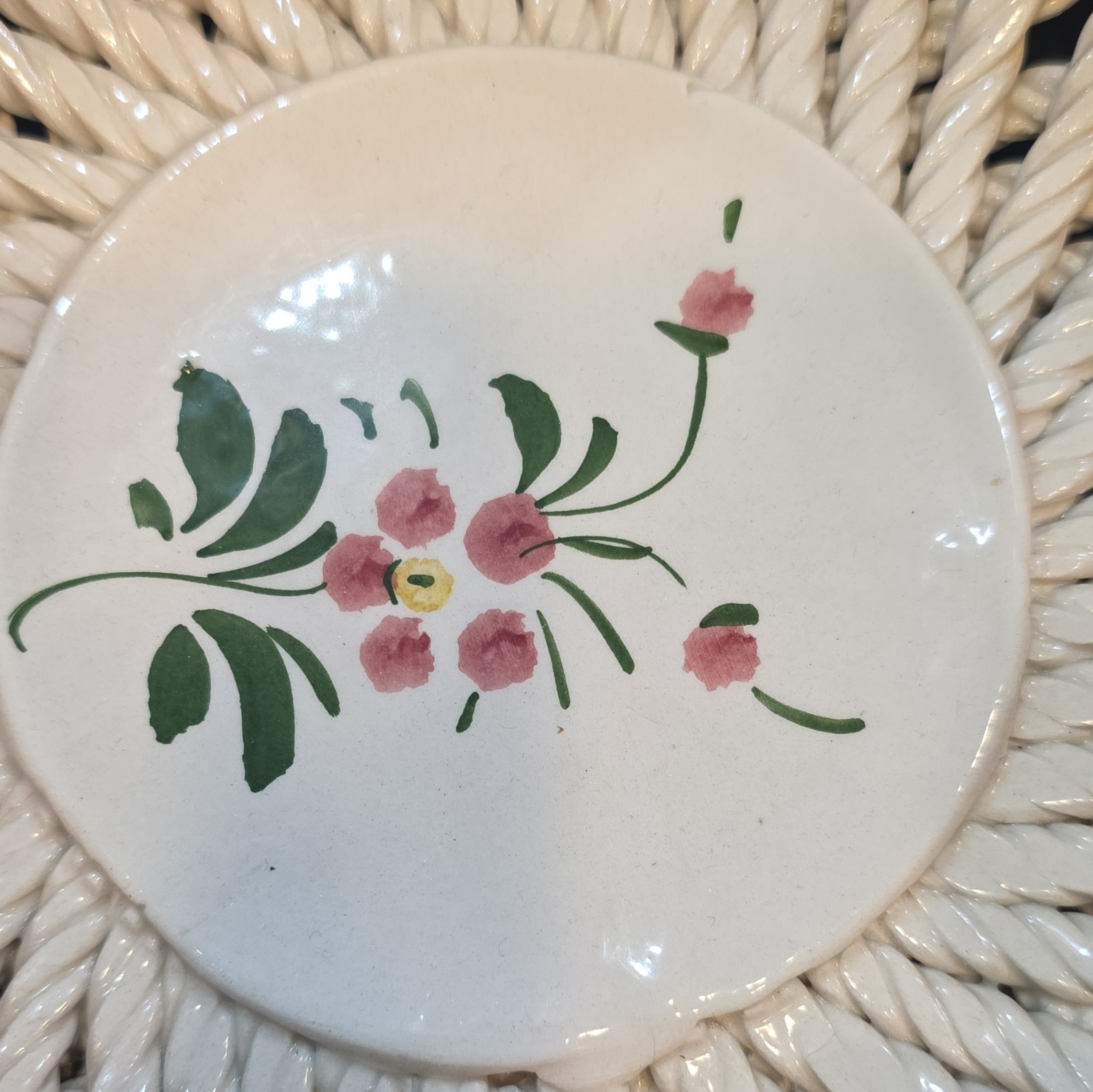 Italian capodimonte Pedestal reticulated basket Bowl with floral details.