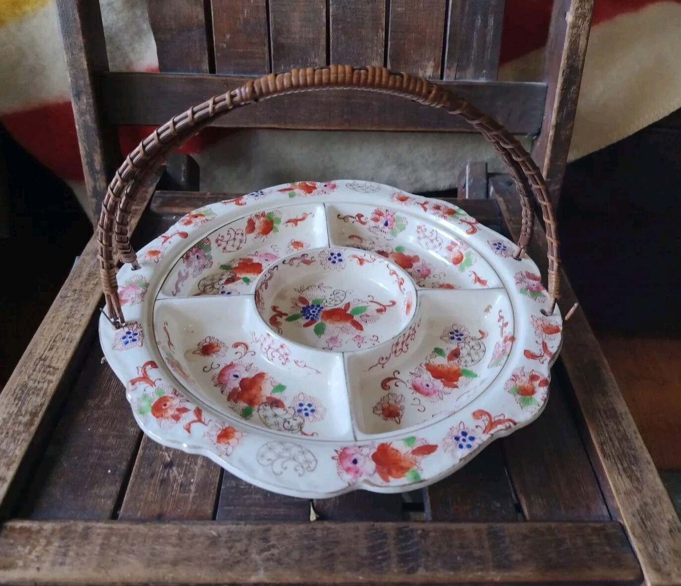 Antique Divided Serving Dish Floral Round Tray Wicker Handle Imari Japan 1940’s
