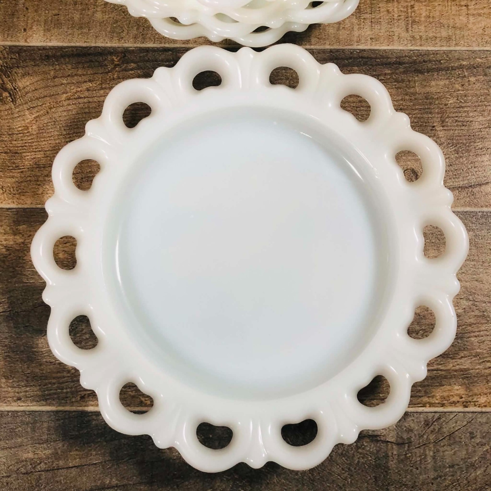 Vintage Anchor Hocking Milk Glass Open Lace Heart Border Plates Set of 5