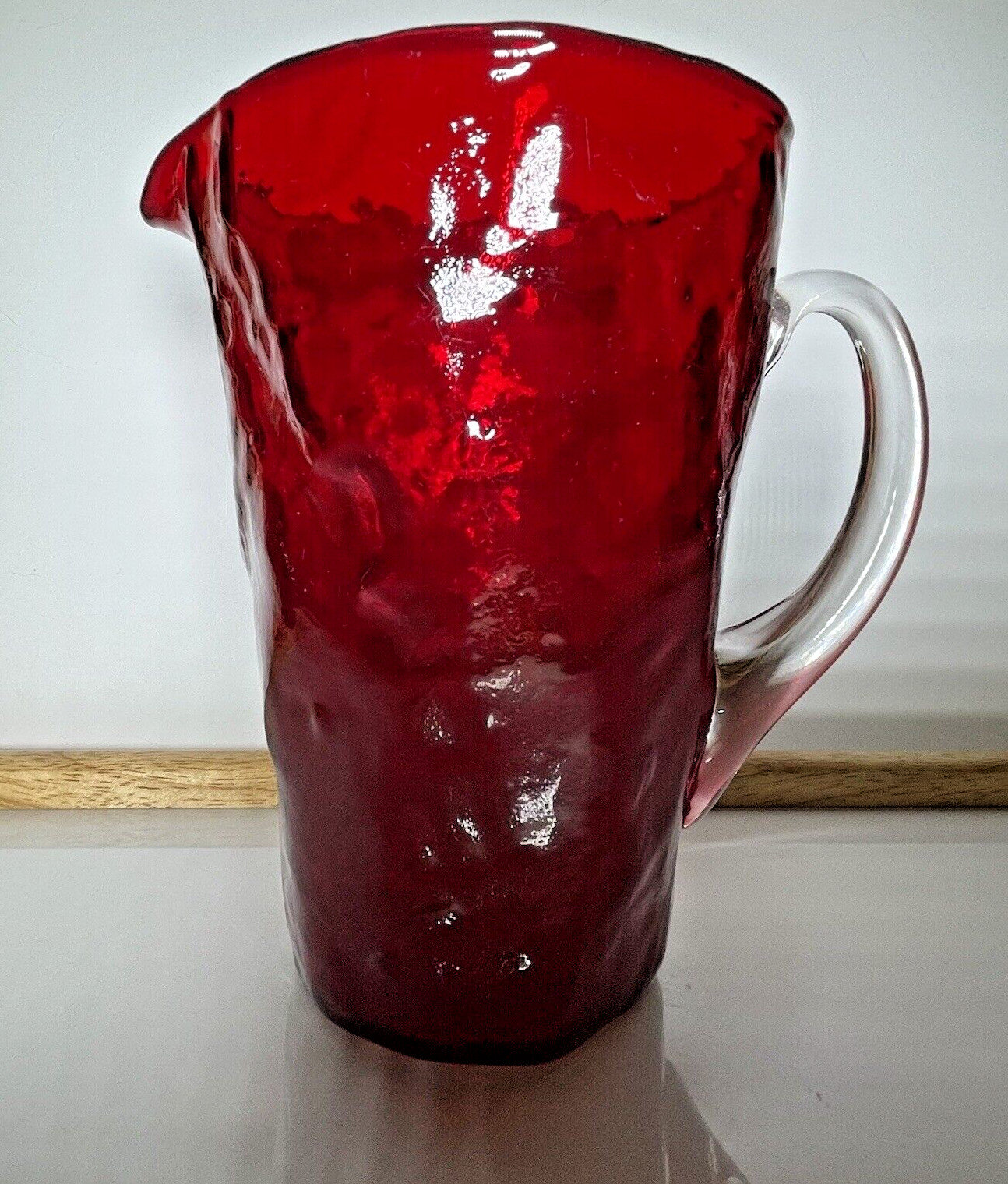 Vintage Seneca Colored Glass Pitcher 64 oz Driftwood Ruby Red Glass Clear Handle