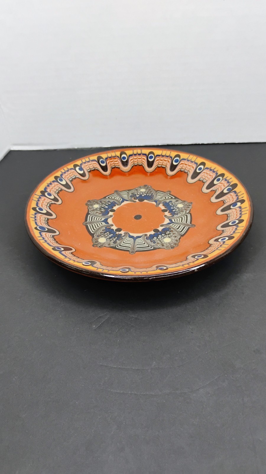 Vintage Redware Feather Peacock Eye Pottery Plate Troyan Bulgaria