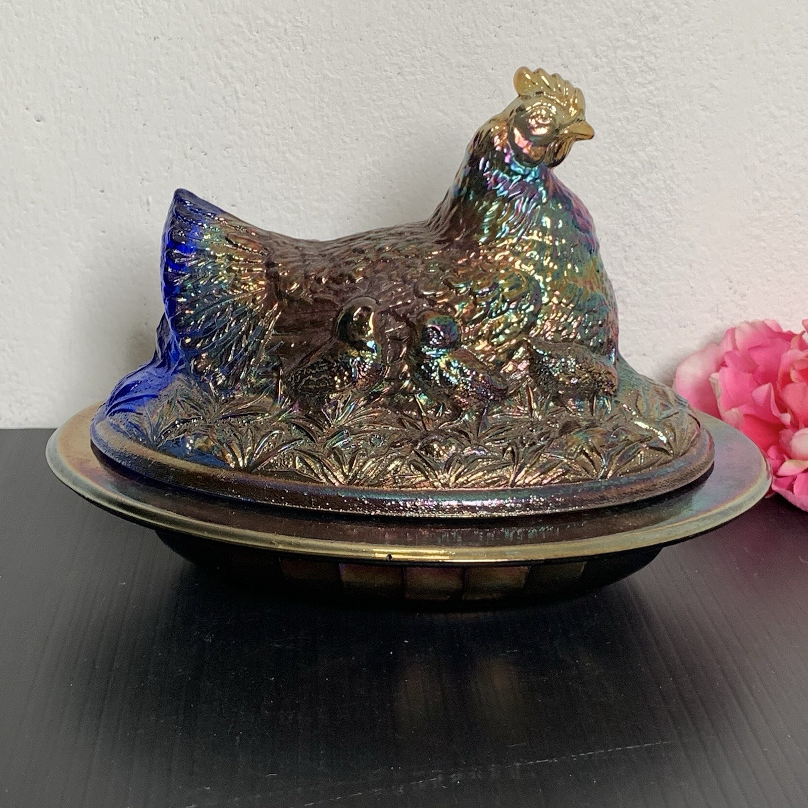 Glass Blue Carnival Glass Hen On Nest Covered Dish – Chicken Candy Dish