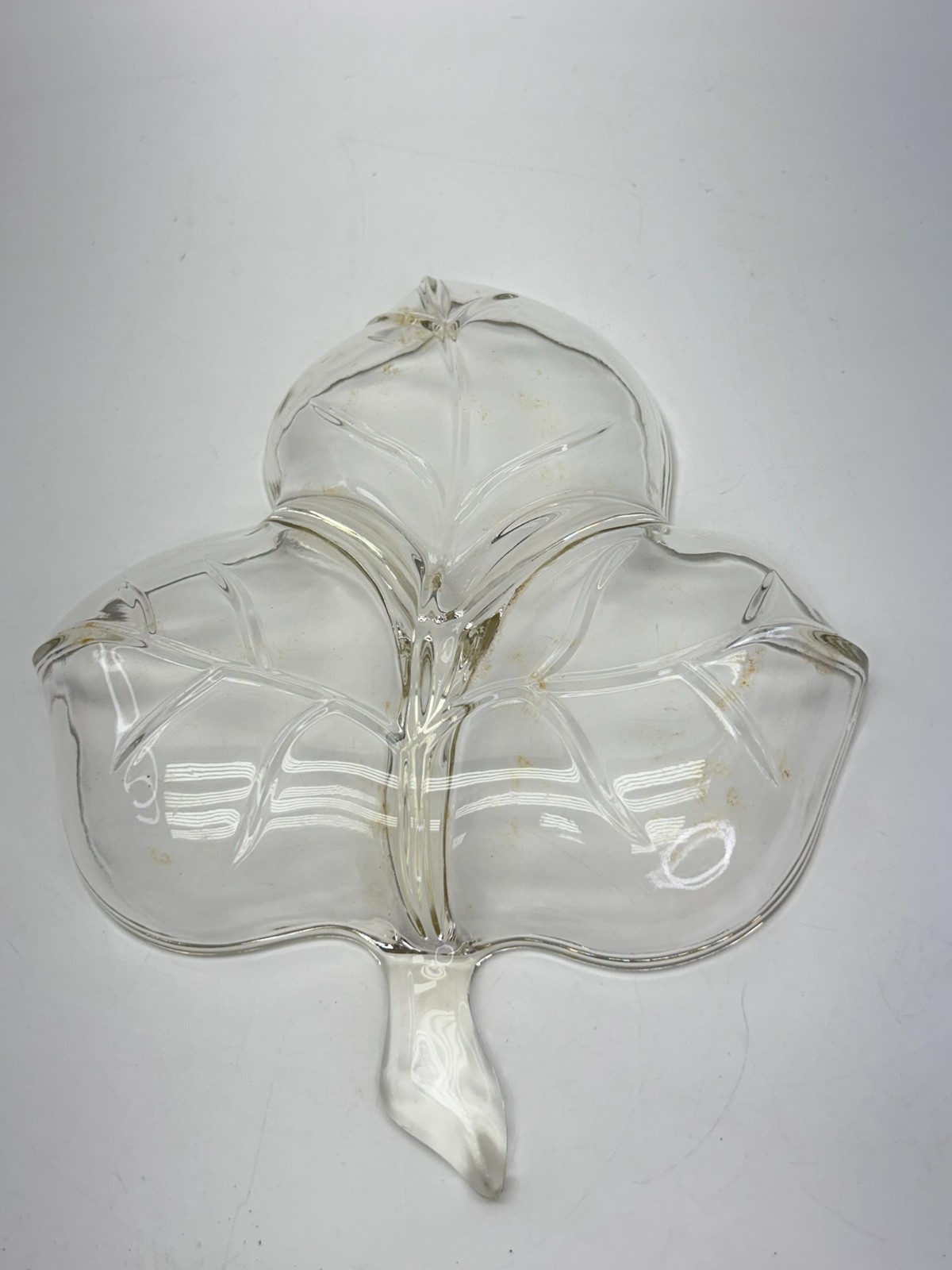 Clear Glass 3-Section Ivy Leaf Shaped Divided Relish Candy Dish with Stem Handle