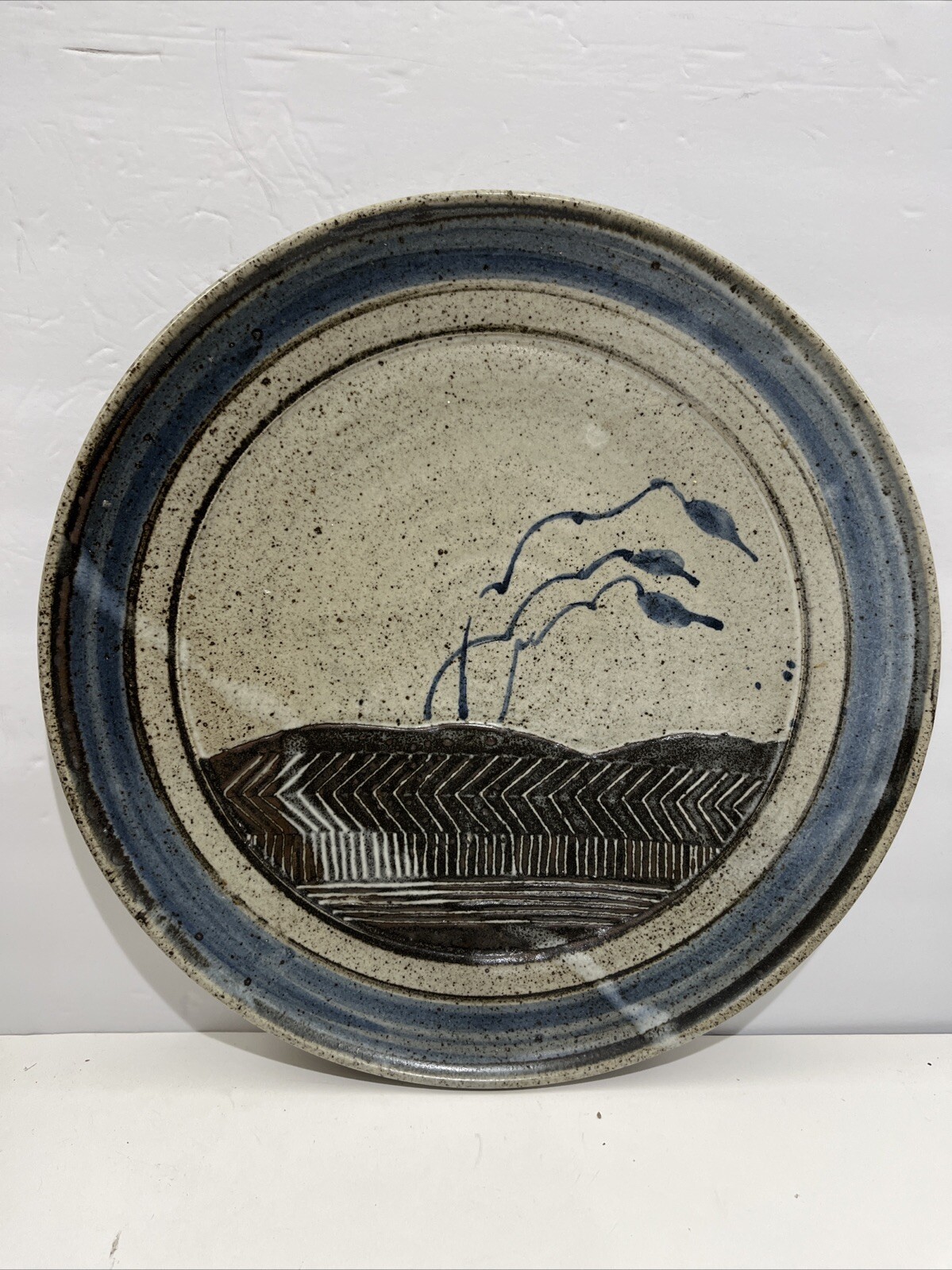 Vintage Studio Pottery UK Art Handmade Large Plate 15.5” Signed OH, HO