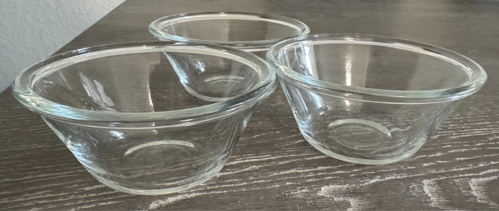 THREE clear Flared-Rim Custard-Cups glass 2″ h x 4 1/2″ dia.