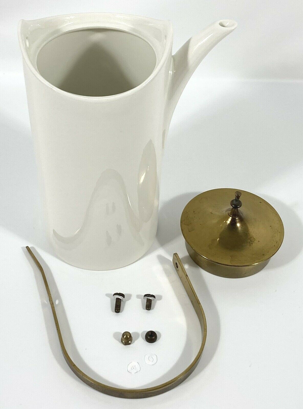 Vtg Danish Style Pottery Coffee Pot White w/ Metal Lid & Handle Carafe 9″ RARE