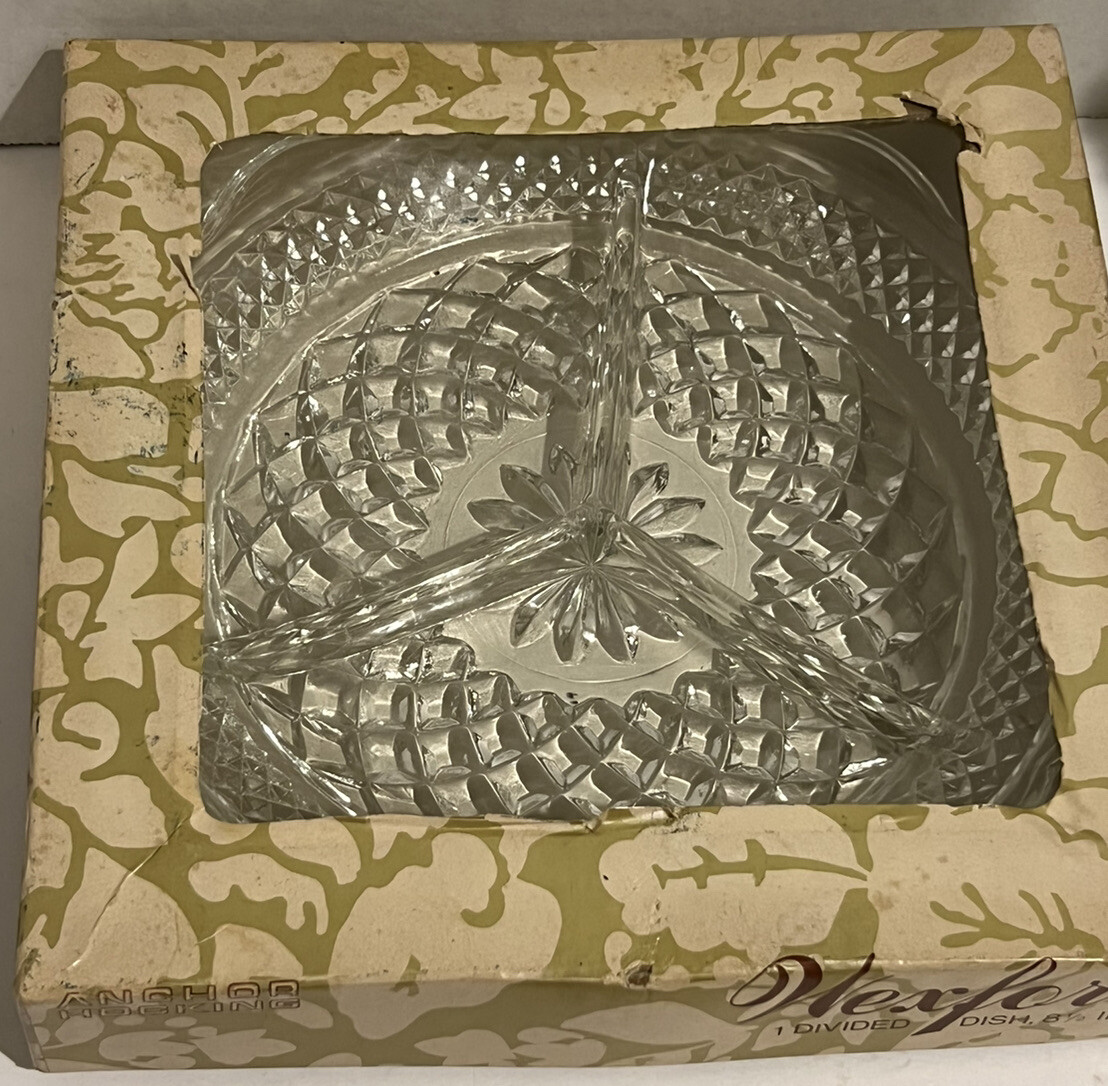 Wexford Crystal Anchor Hocking Glass 8 1/2″ Divided Dish In Original Box Vintage