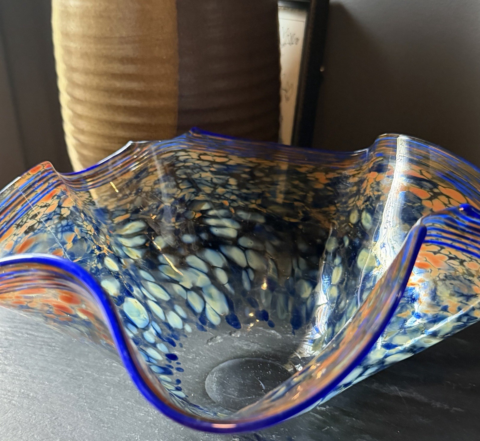 Vintage 1987 David Hershey Signed Blown Art Glass Ruffled Wave Bowl Confetti
