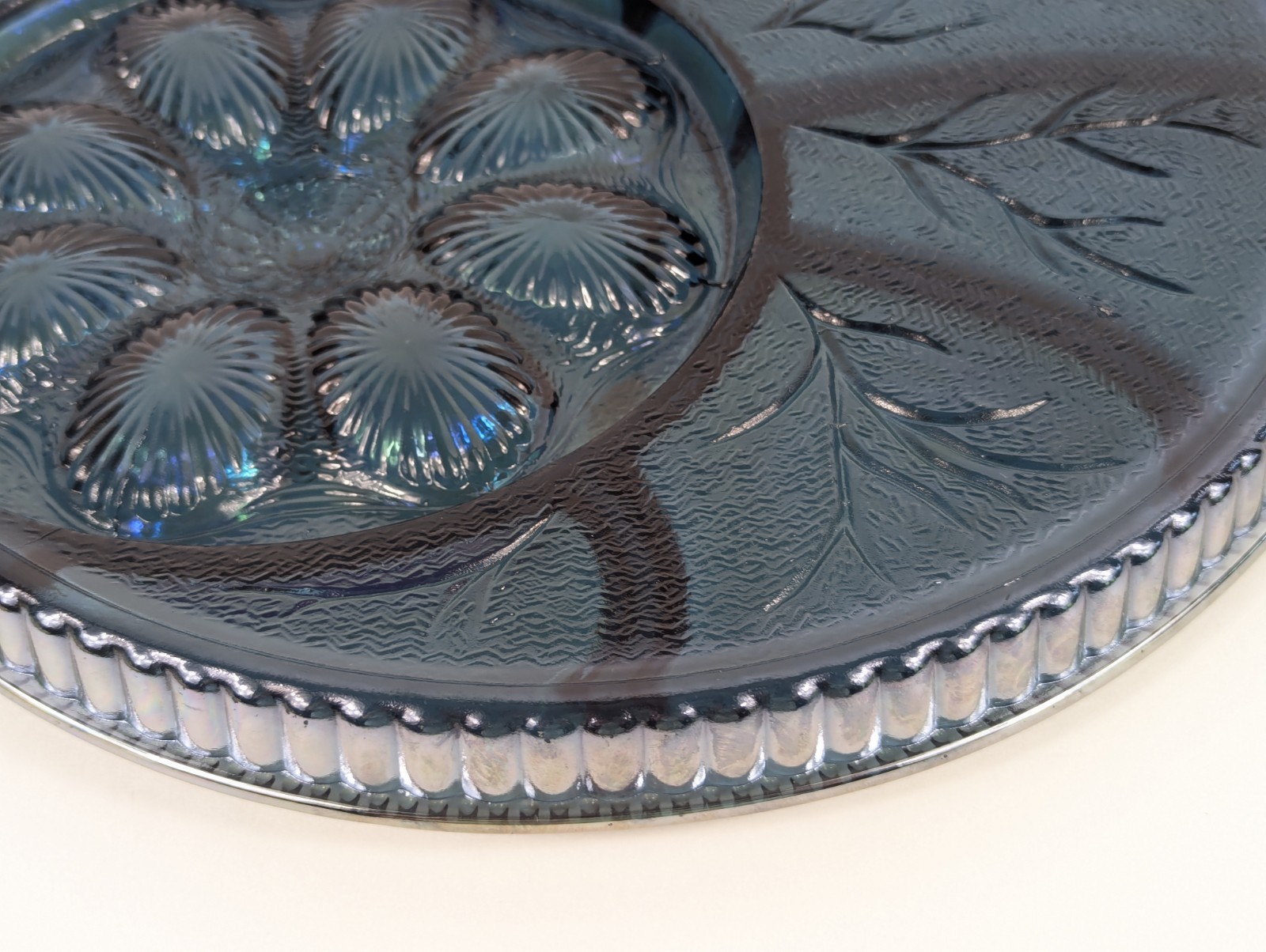 Vintage Indiana Glass Blue Carnival Deviled Egg Relish Tray Platter Iridescent