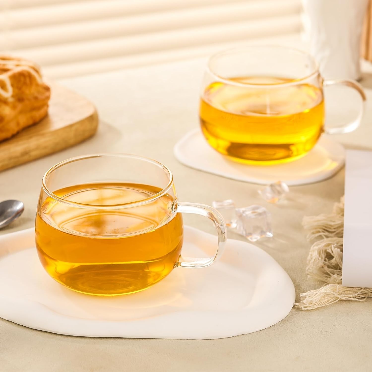 Glass Tea Cups Set of 2, Clear Borosilicate Glass Teacups with Handle for Tea…