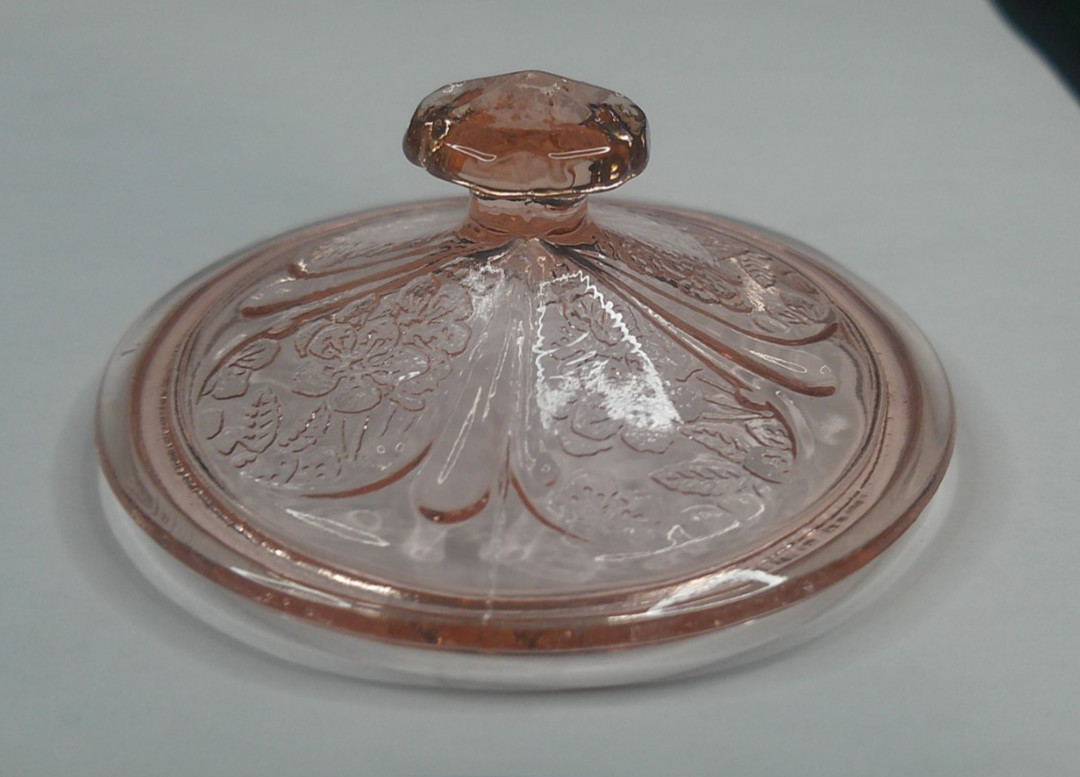 Jeannette Glass Co, Cherry Blossom, Pink, Sugar Cover, USA, c 1930s, ExCd