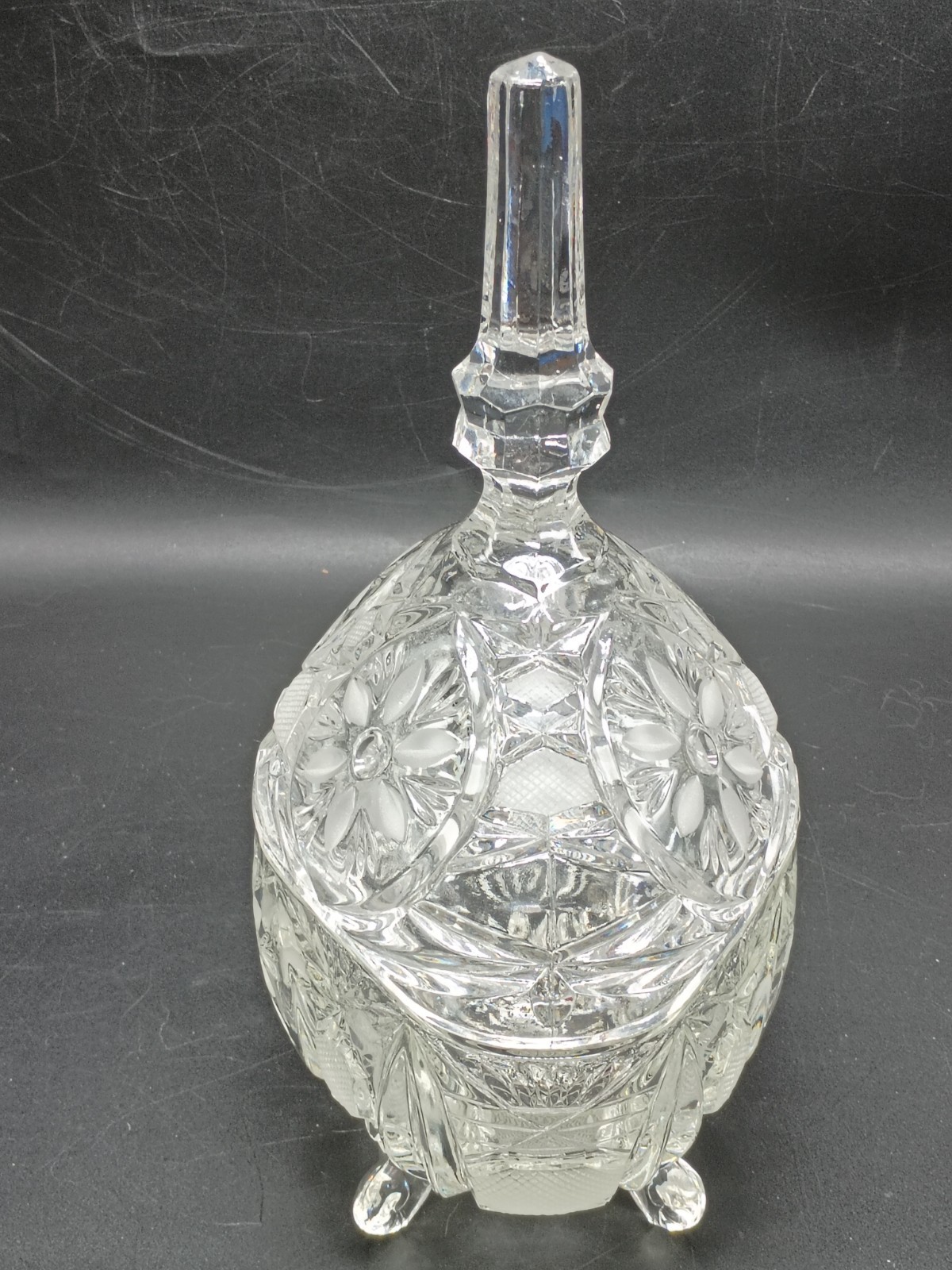 Vintage Large Heavy Etched Crystal Covered Oval Candy Dish Floral