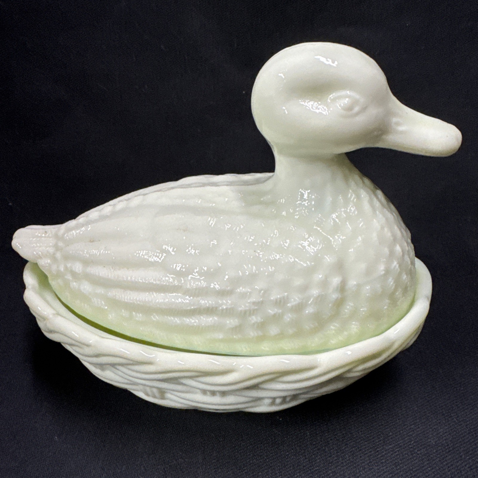 Uranium Glass MOSSER Custard Duck on Nest Covered Candy Dish Glows UV Vintage
