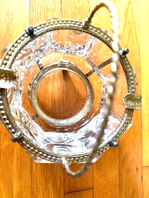 Rare Handled French Octagon Beveled Lead Crystal Gilt Bronze Bowl Griffin Feet
