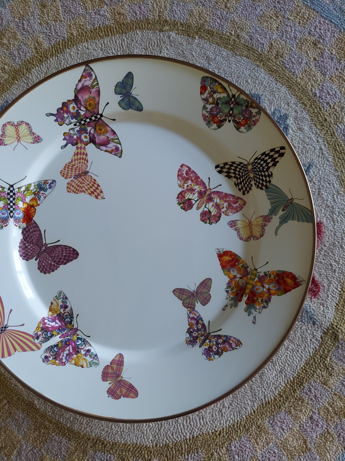 Mackenzie-Childs Butterfly Garden Pedestal Platter With Courtly Check