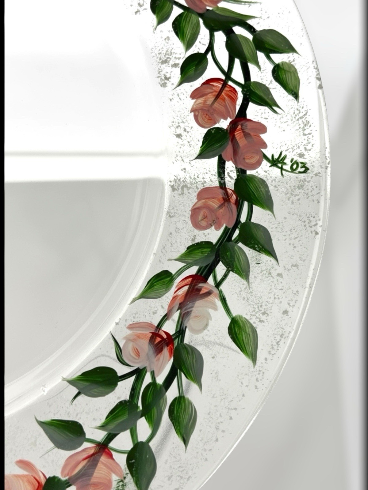 Hand Painted Pink Roses Clear Glass 14 Inch Serving Plate