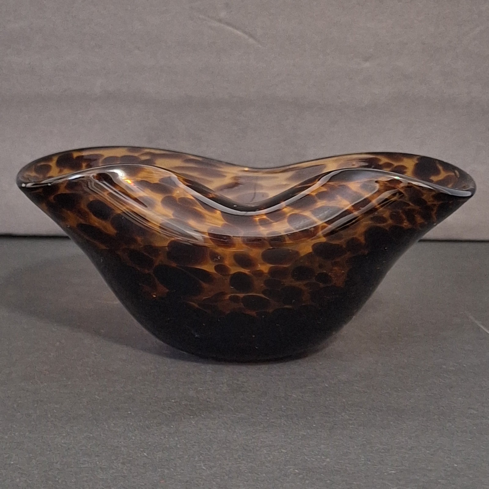 Art Glass Bowl Heart Tortoise Shell Amber Brown Marbled Leapard Design