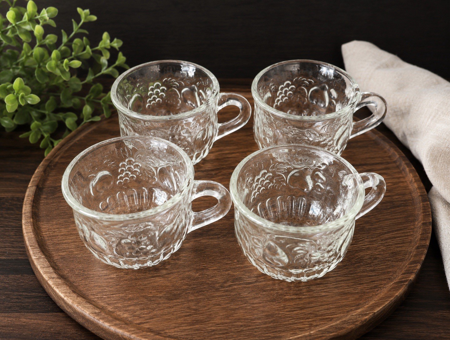 Vintage Jeanette Pressed Glass Embossed Fruit Motif Punch Cups Set Of 4