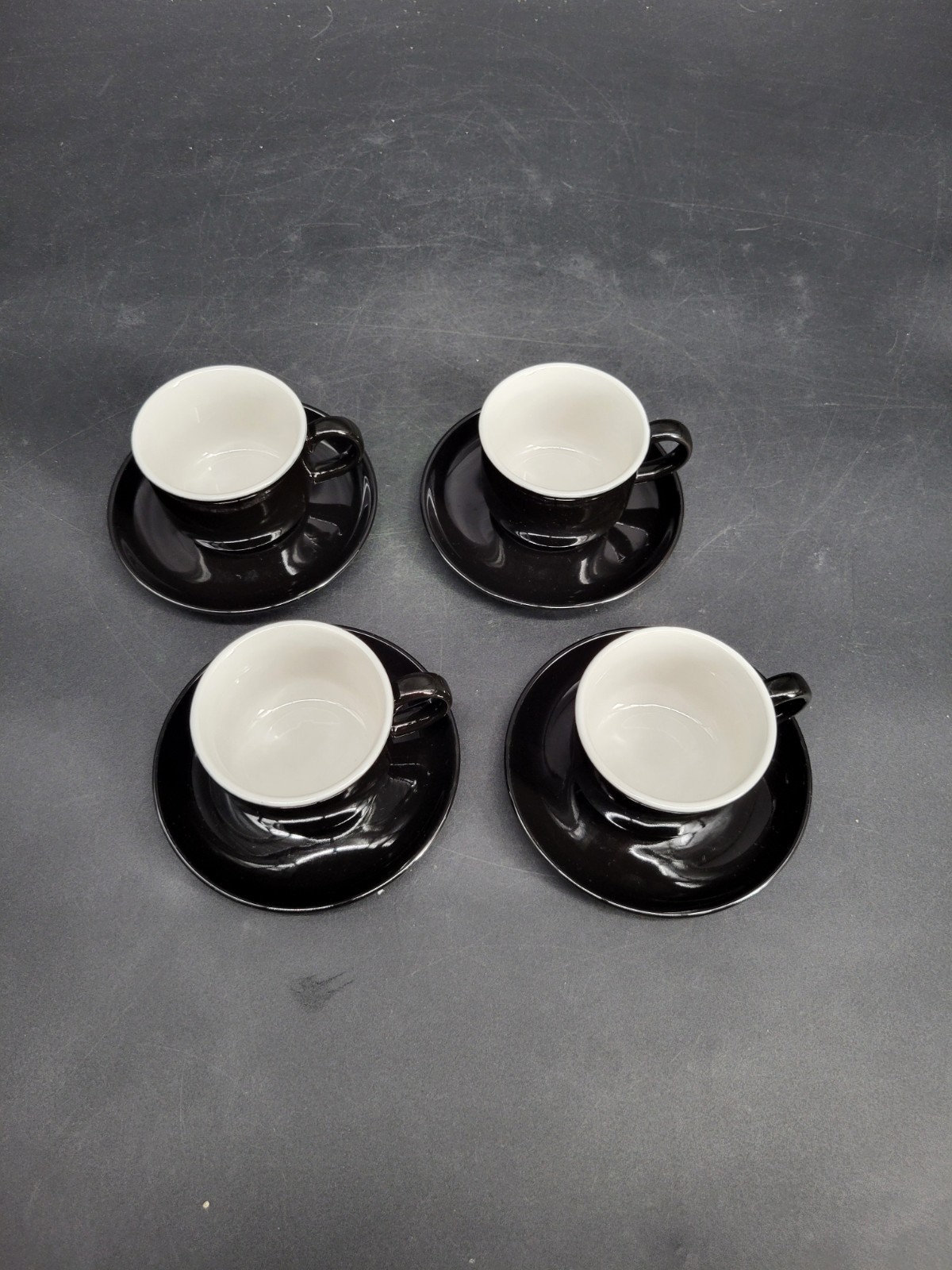 4 Black Glazed 2 1/8″ Teacup/Coffee Cup w/ Four 5″ Saucer Sets 8-Pieces Total