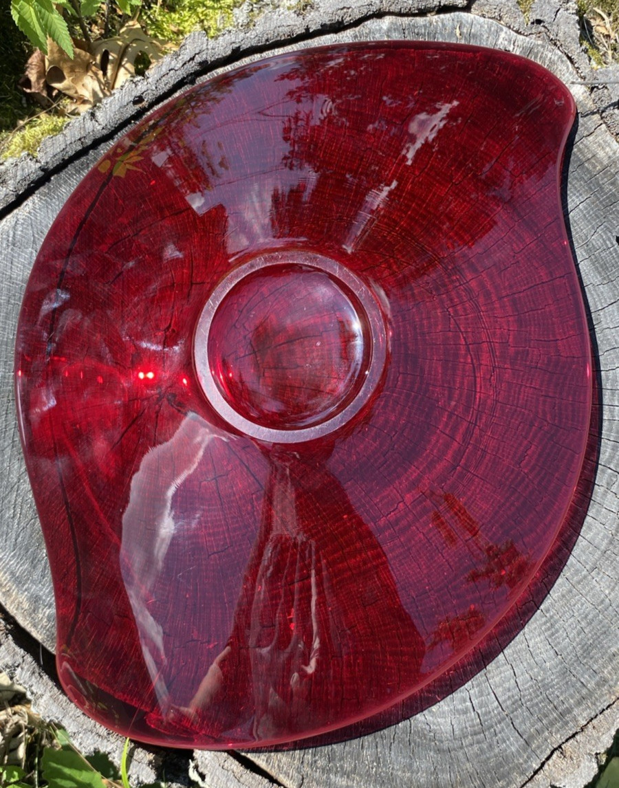 Vintage Epic Ruby Red Viking Glass Asymmetrical Console Platter 16” Stunning!