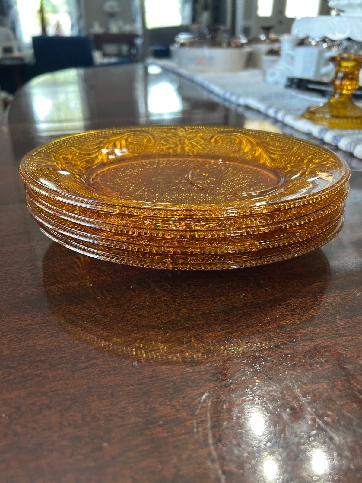 Vintage Indiana Glass Tiara Exclusives Amber Sandwich Pattern Snack Set of 4